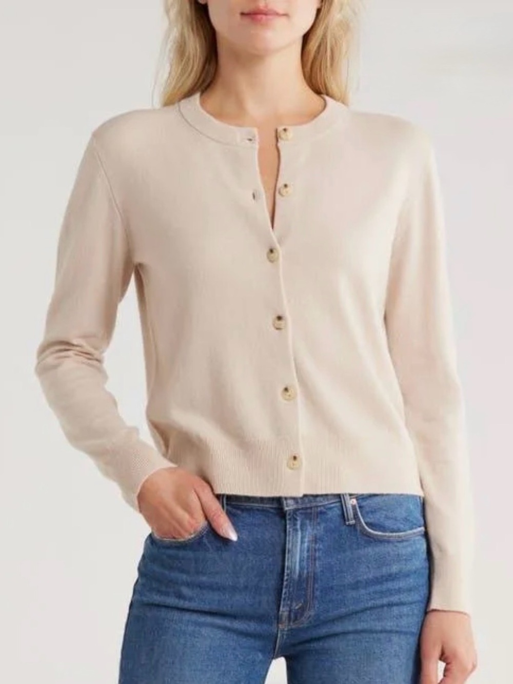 Vince Cream Button-Up Crewneck Cardigan